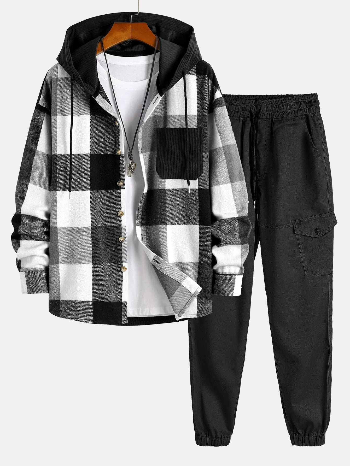 Santai Fit Fit Flanel Plaid Plaid Patchwork Hooded Shirt & Chino Cargo Jogger Pants