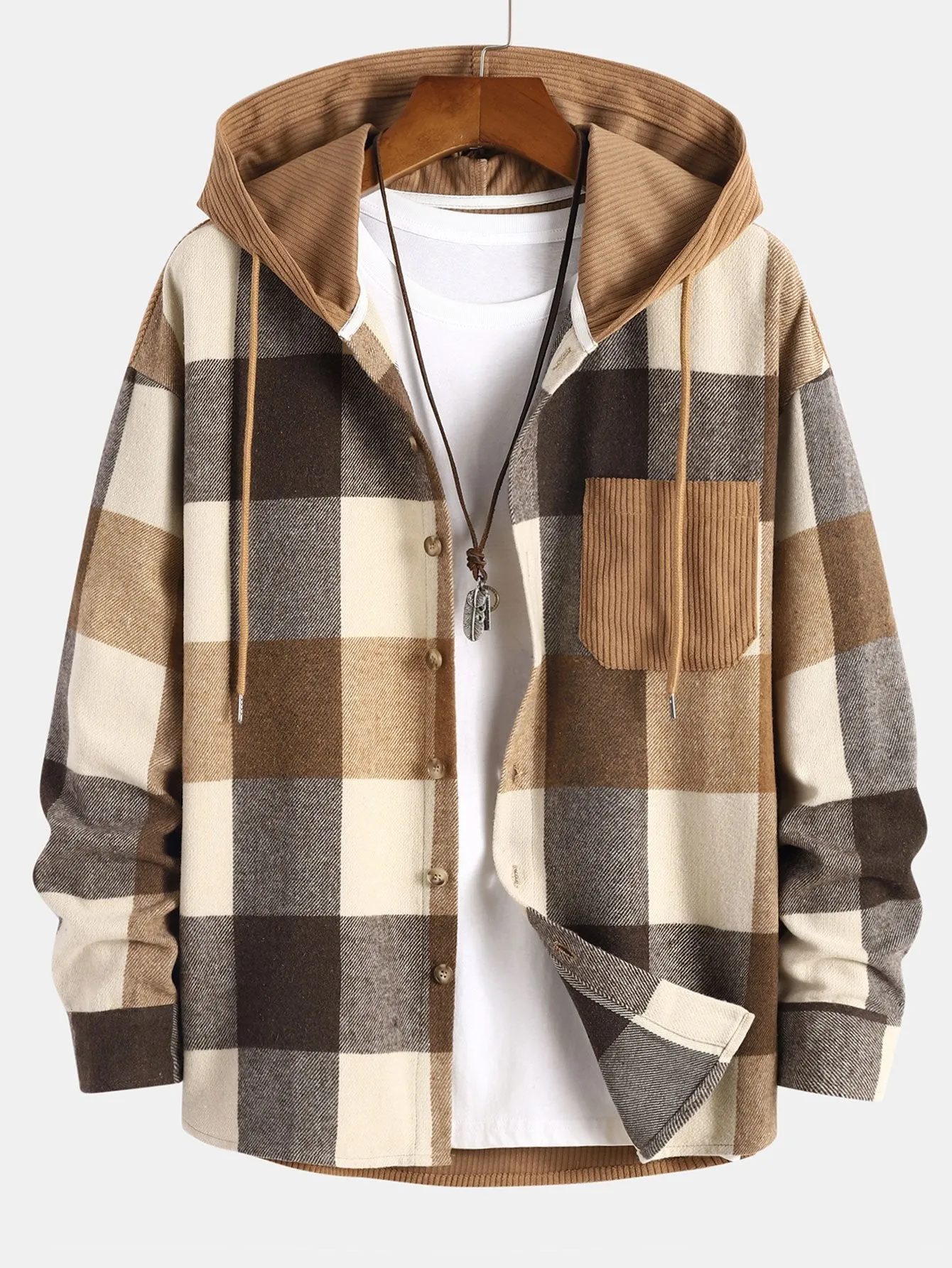 Santai Fit Fit Flanel Plaid Plaid Patchwork Hooded Shirt & Chino Cargo Jogger Pants