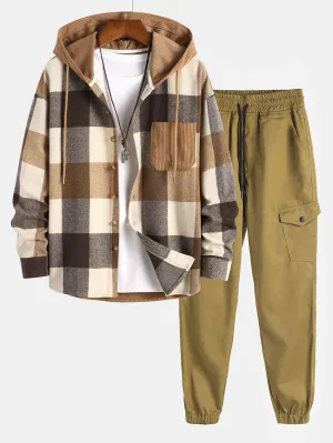 Santai Fit Fit Flanel Plaid Plaid Patchwork Hooded Shirt & Chino Cargo Jogger Pants