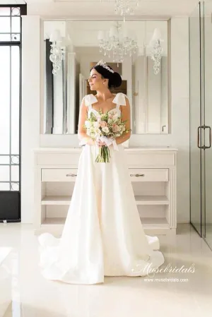 Satin A-line Sweetheart Court Train Wedding Dresses With Bowtie Straps, MW882