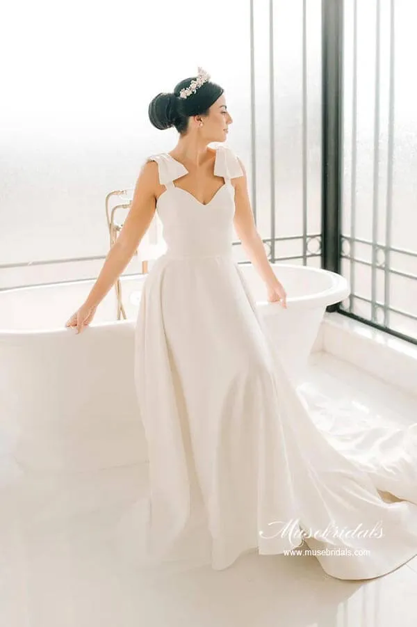Satin A-line Sweetheart Court Train Wedding Dresses With Bowtie Straps, MW882
