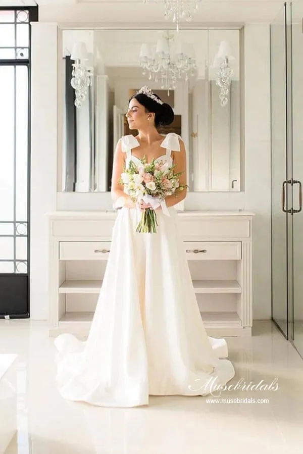 Satin A-line Sweetheart Court Train Wedding Dresses With Bowtie Straps, MW882
