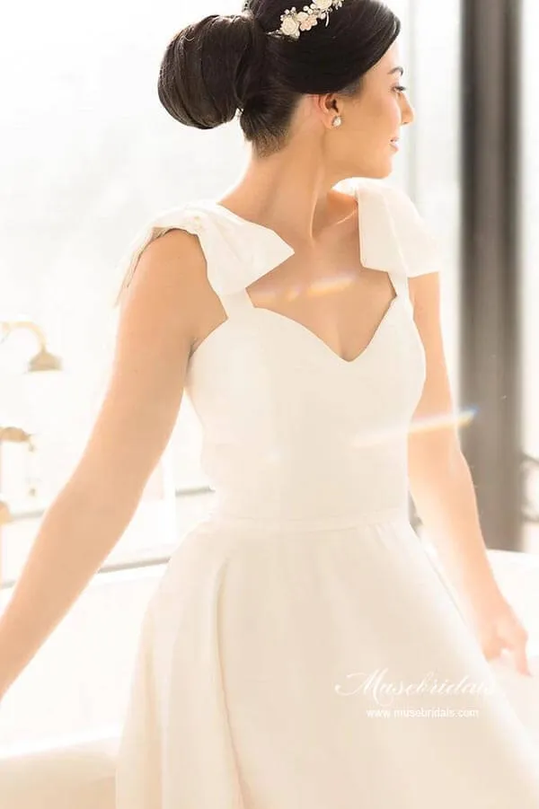 Satin A-line Sweetheart Court Train Wedding Dresses With Bowtie Straps, MW882