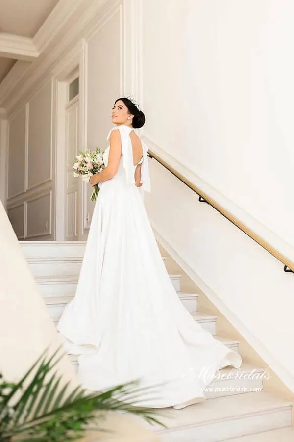 Satin A-line Sweetheart Court Train Wedding Dresses With Bowtie Straps, MW882