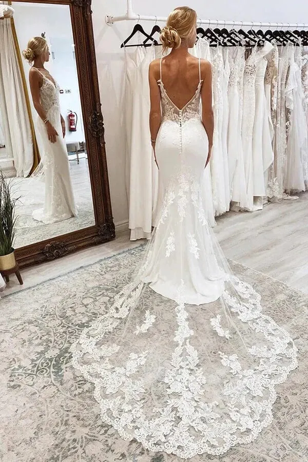 Satin Mermaid V-neck Spaghetti Straps Wedding Dresses With Court Train, SW693