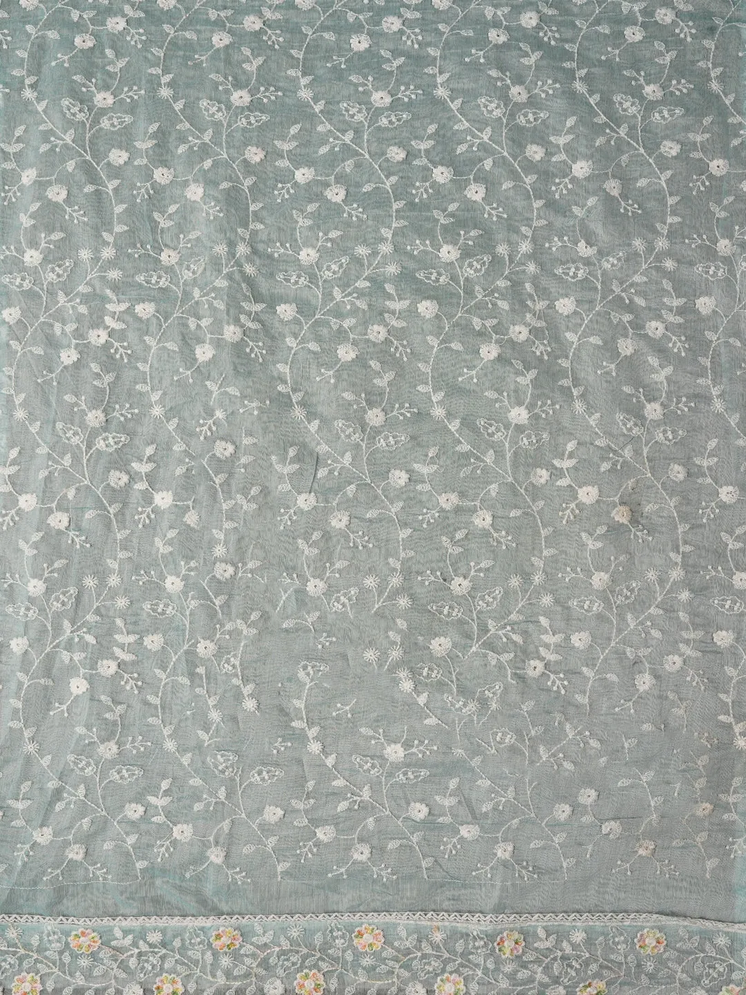 Sea Green Cotton Lucknowi Embroidered Dress Material with Dupatta
