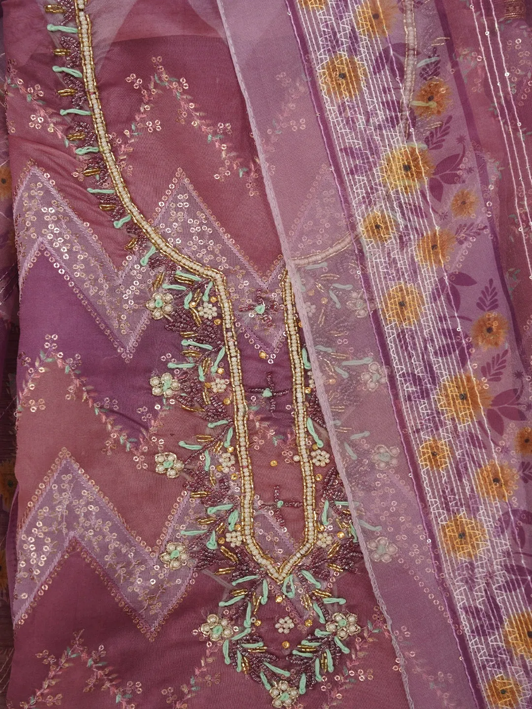 Sequin Embroidered Multicolor Organza Dress Material with Dupatta