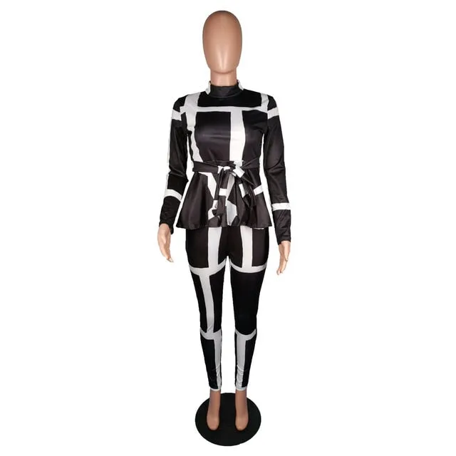 Sexy Two Piece Sets stripe Printed Skinny Pants Casual Suit Female Long Sleeve