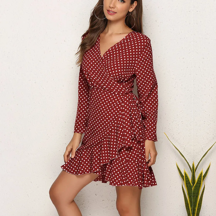 Sexy Wave Point Ruffled Irregular Autumn Dress
