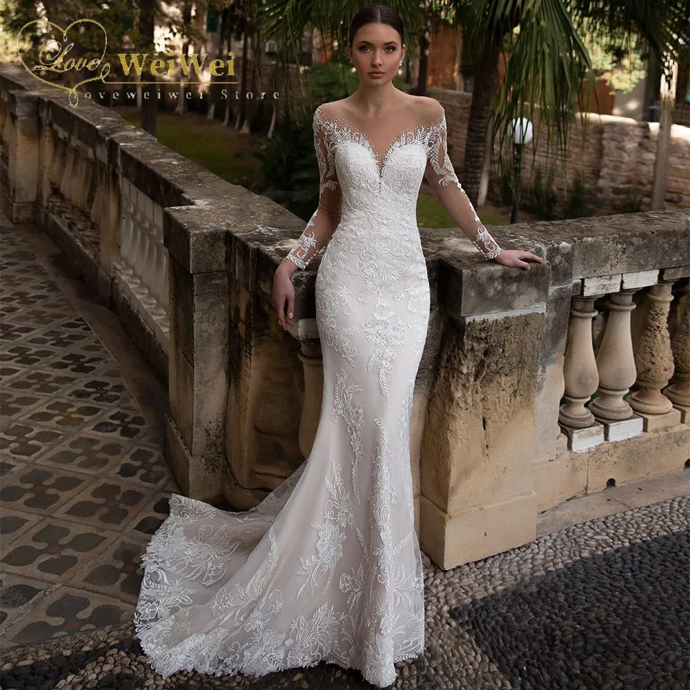 Sheer Illusion Button Back Wedding Gown