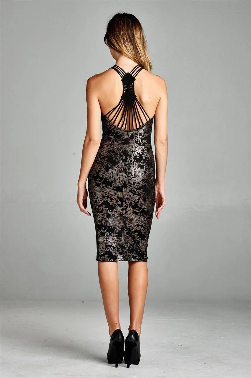 Shimmery Strappy Racerback Bodycon Dress with Paisley Print