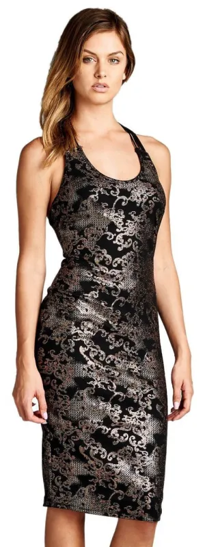 Shimmery Strappy Racerback Bodycon Dress with Paisley Print