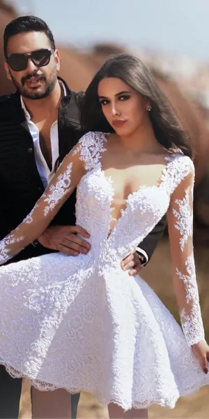short wedding dresses for women lace appliqué long sleeve elegant cheap bridal dress vestido de noiva