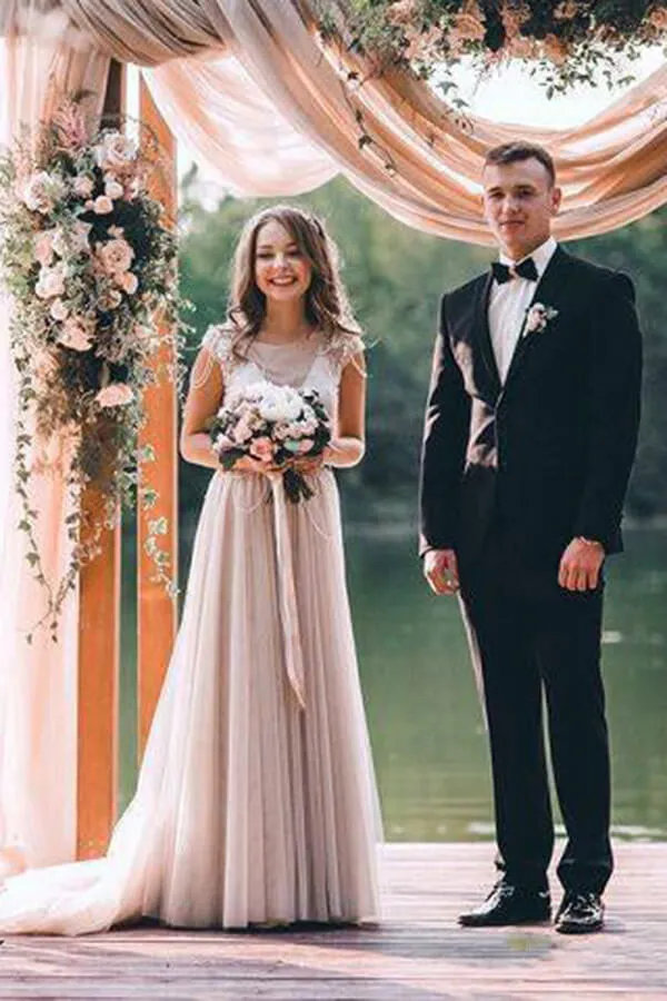 Silver Tulle Rustic Cap Sleeves Boho Wedding Dresses, Wedding Gown, MW677