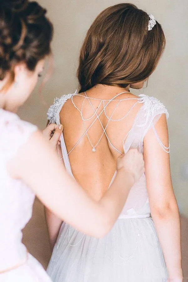 Silver Tulle Rustic Cap Sleeves Boho Wedding Dresses, Wedding Gown, MW677