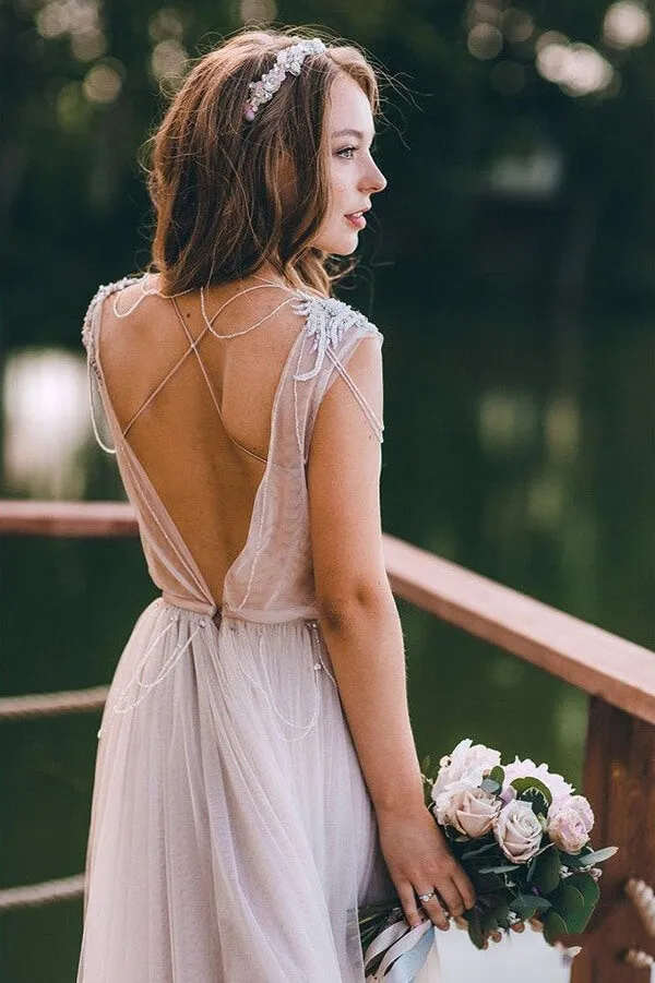 Silver Tulle Rustic Cap Sleeves Boho Wedding Dresses, Wedding Gown, MW677