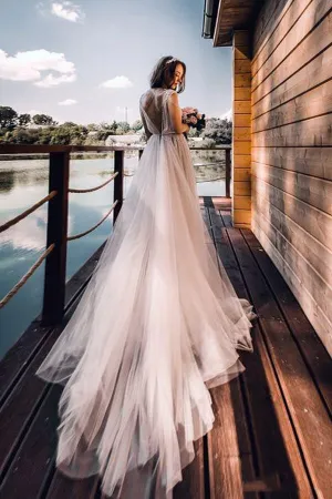 Silver Tulle Rustic Cap Sleeves Boho Wedding Dresses, Wedding Gown, MW677