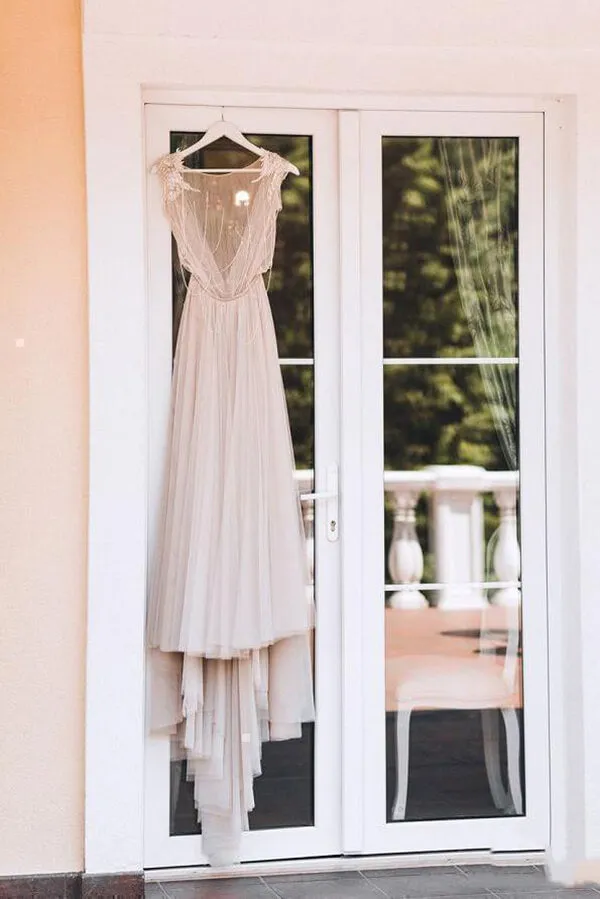 Silver Tulle Rustic Cap Sleeves Boho Wedding Dresses, Wedding Gown, MW677