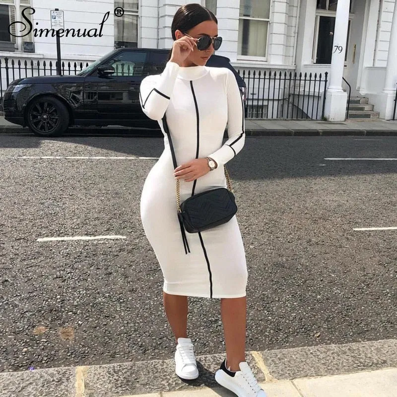 Simenual Casual Bodycon Frauen Lange Kleid Mode Volle Hülse Striped Patchwork Kleider Mode Rollkragen Damen Dünne Kleider