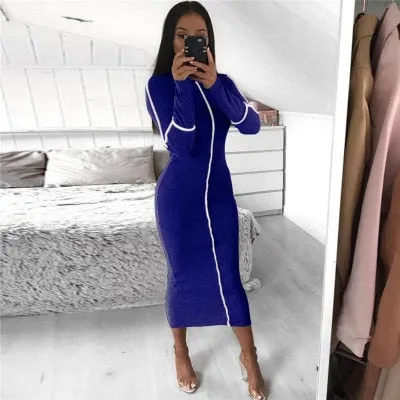 Simenual Casual Bodycon Frauen Lange Kleid Mode Volle Hülse Striped Patchwork Kleider Mode Rollkragen Damen Dünne Kleider