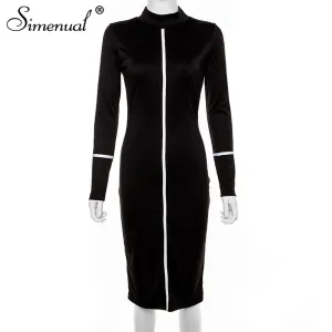Simenual Casual Bodycon Frauen Lange Kleid Mode Volle Hülse Striped Patchwork Kleider Mode Rollkragen Damen Dünne Kleider
