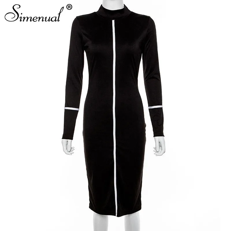 Simenual Casual Bodycon Frauen Lange Kleid Mode Volle Hülse Striped Patchwork Kleider Mode Rollkragen Damen Dünne Kleider