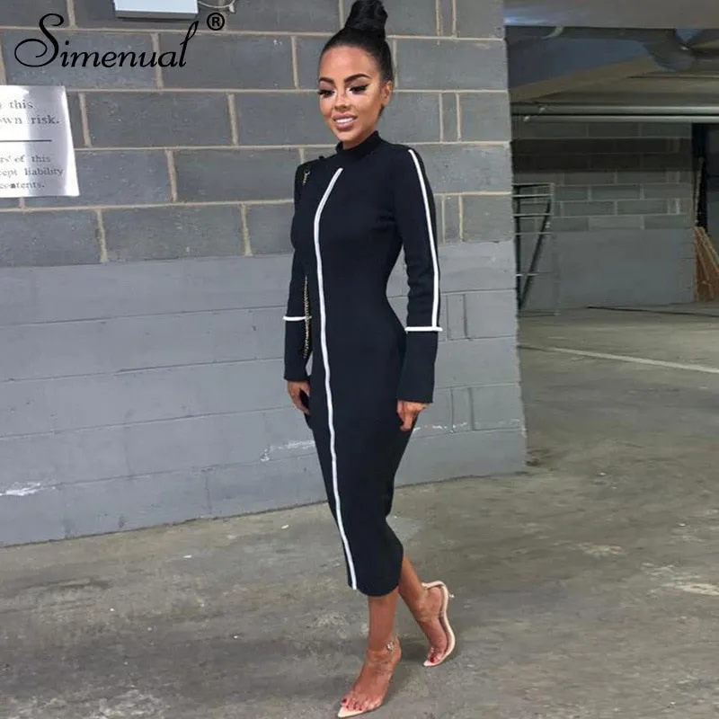 Simenual Casual Bodycon Frauen Lange Kleid Mode Volle Hülse Striped Patchwork Kleider Mode Rollkragen Damen Dünne Kleider