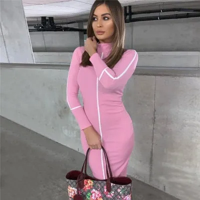 Simenual Casual Bodycon Frauen Lange Kleid Mode Volle Hülse Striped Patchwork Kleider Mode Rollkragen Damen Dünne Kleider