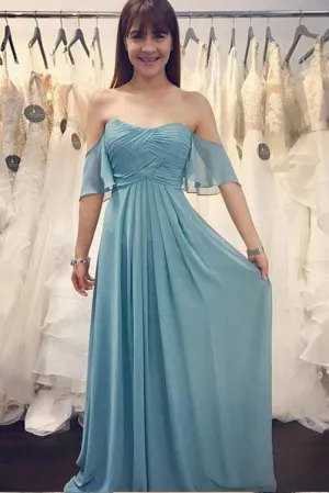 Simple Cheap A Line Off  The Shoulder Half Sleeve Long Chiffon Boho Bridesmaid Dresses  OHS113