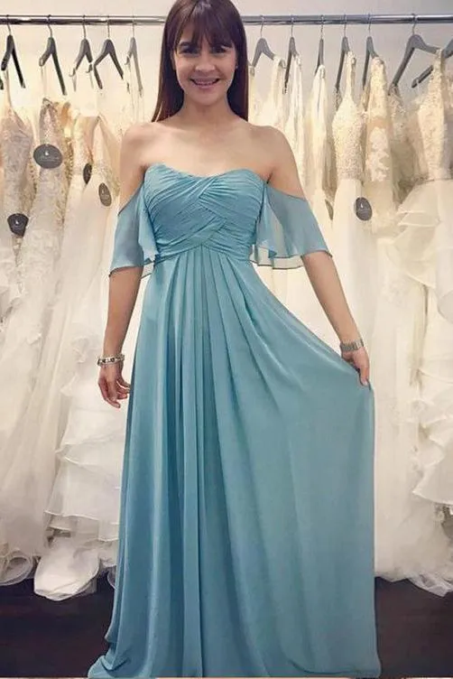 Simple Cheap A Line Off  The Shoulder Half Sleeve Long Chiffon Boho Bridesmaid Dresses  OHS113