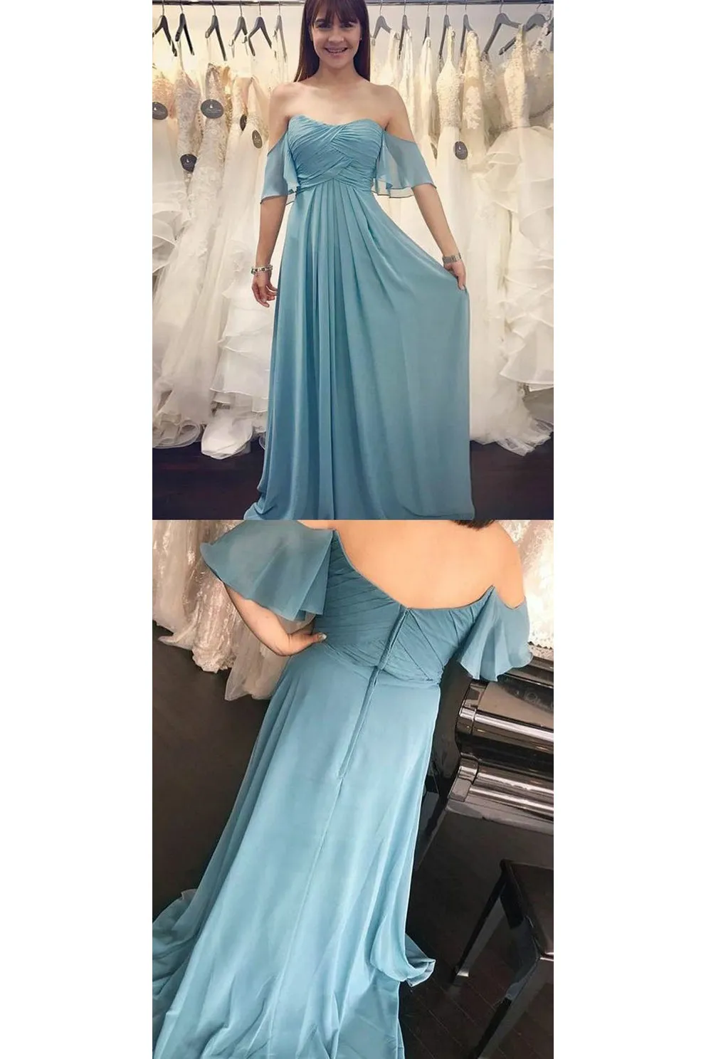 Simple Cheap A Line Off  The Shoulder Half Sleeve Long Chiffon Boho Bridesmaid Dresses  OHS113