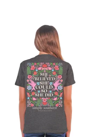 Simply Southern Youth She Believed T-Shirt for Girls in Grey | YTH-SS-SHE-GRAPHITEHTHR