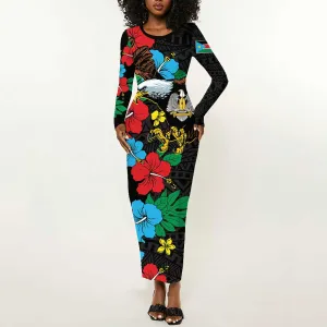 South Sudan Long Sleeve Bodycon Dress African Pattern Hibiscus Floral LT01