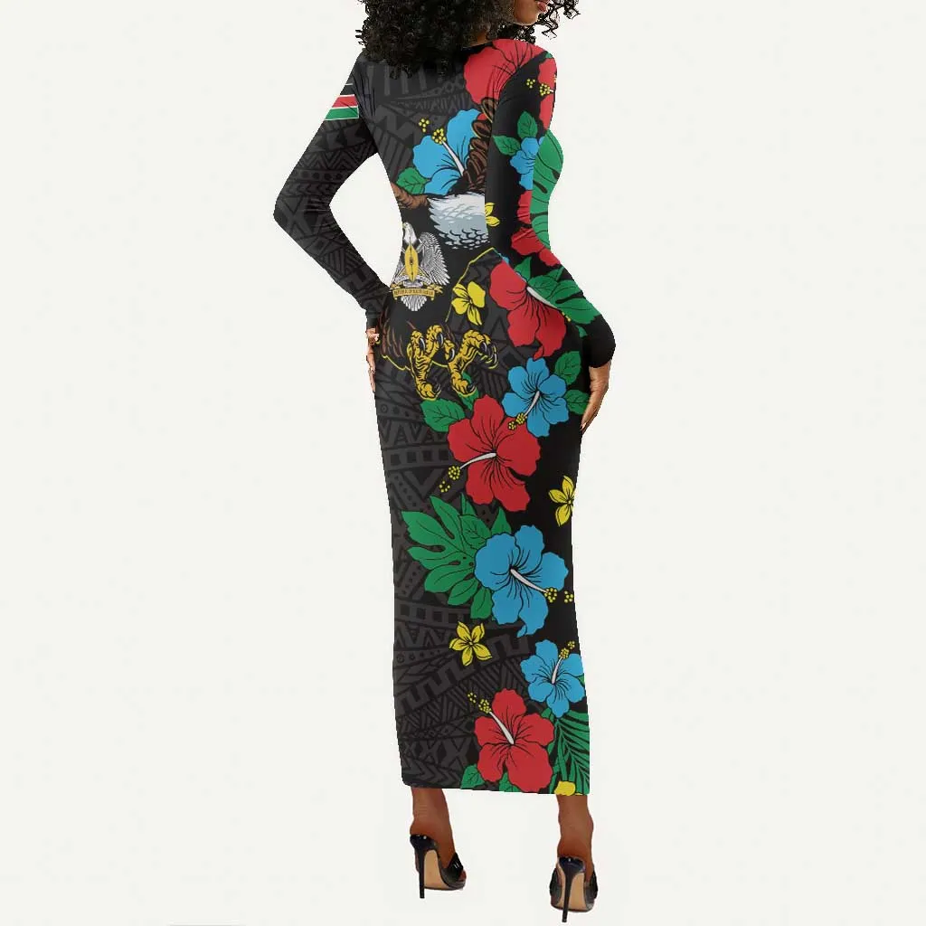 South Sudan Long Sleeve Bodycon Dress African Pattern Hibiscus Floral LT01