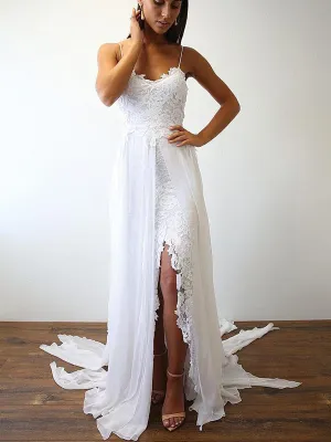 Spaghetti Strap Lace Chiffon Slits Boho Beach Wedding Dresses, AB1544