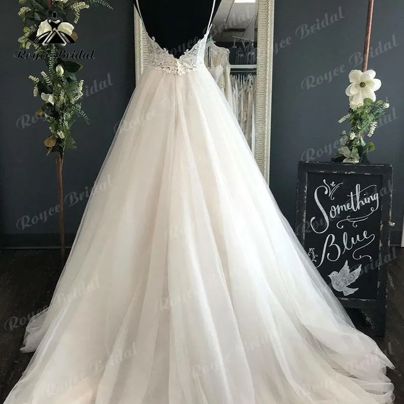 Spaghetti Straps Wedding Dress with Detachable Bow V Neck Lace Bodice  Backless Bestidos de Novia Elegant Bridal Boho Bridal