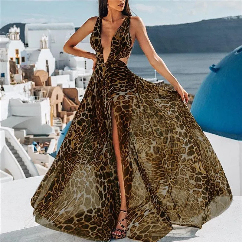 Split-Side Leopard Sleeveless Maxi Dresses