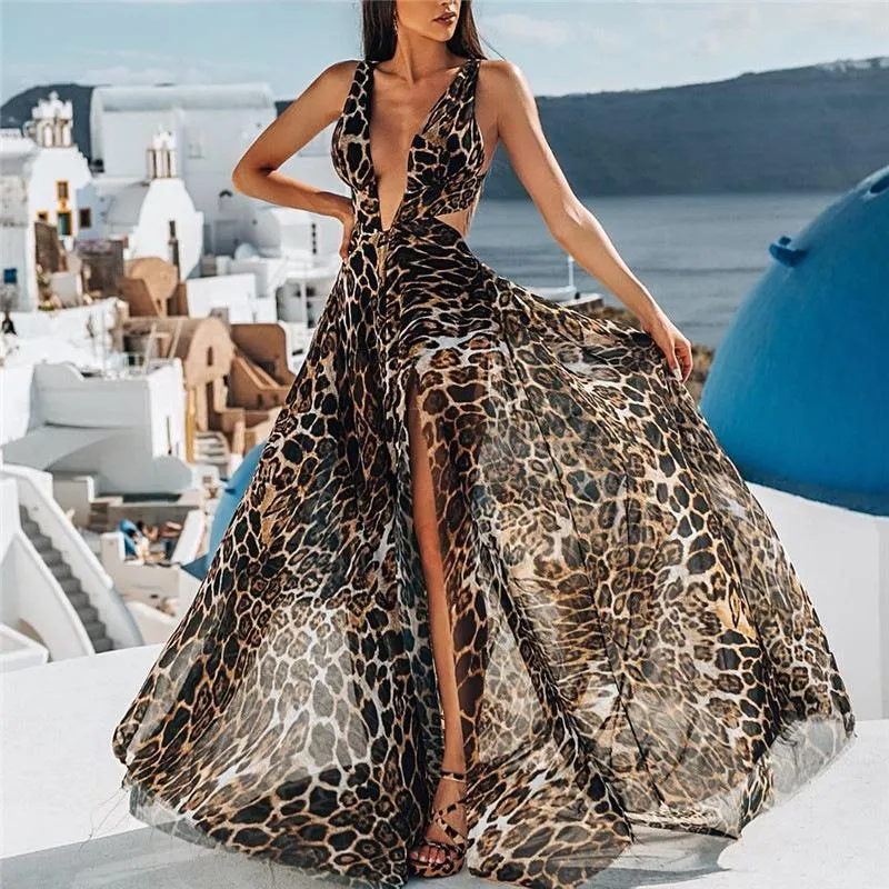 Split-Side Leopard Sleeveless Maxi Dresses