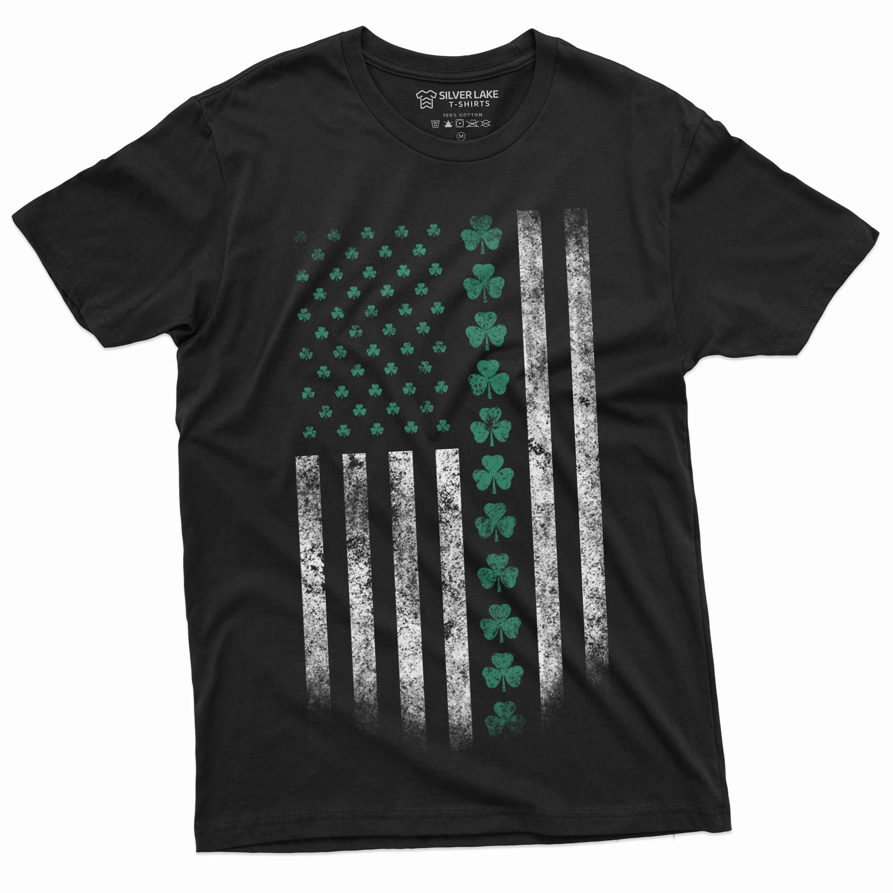 St. Patrick's Day American Irish Flag Clover Shamrock Mens T-shirt Saint Paddy's Day Irish holiday USA Ireland Flag Party Teeshirt