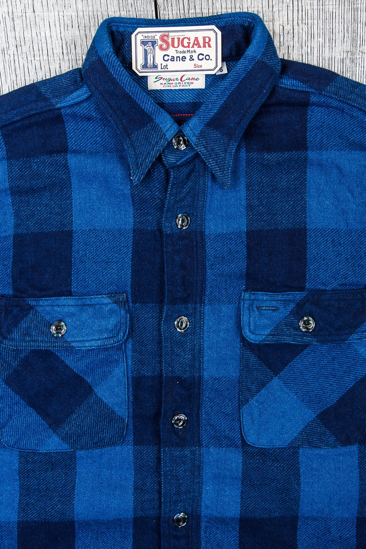 Sugar Cane & Co Fiction Romance Indigo Dyed Buffalo Check Flannel Shirt