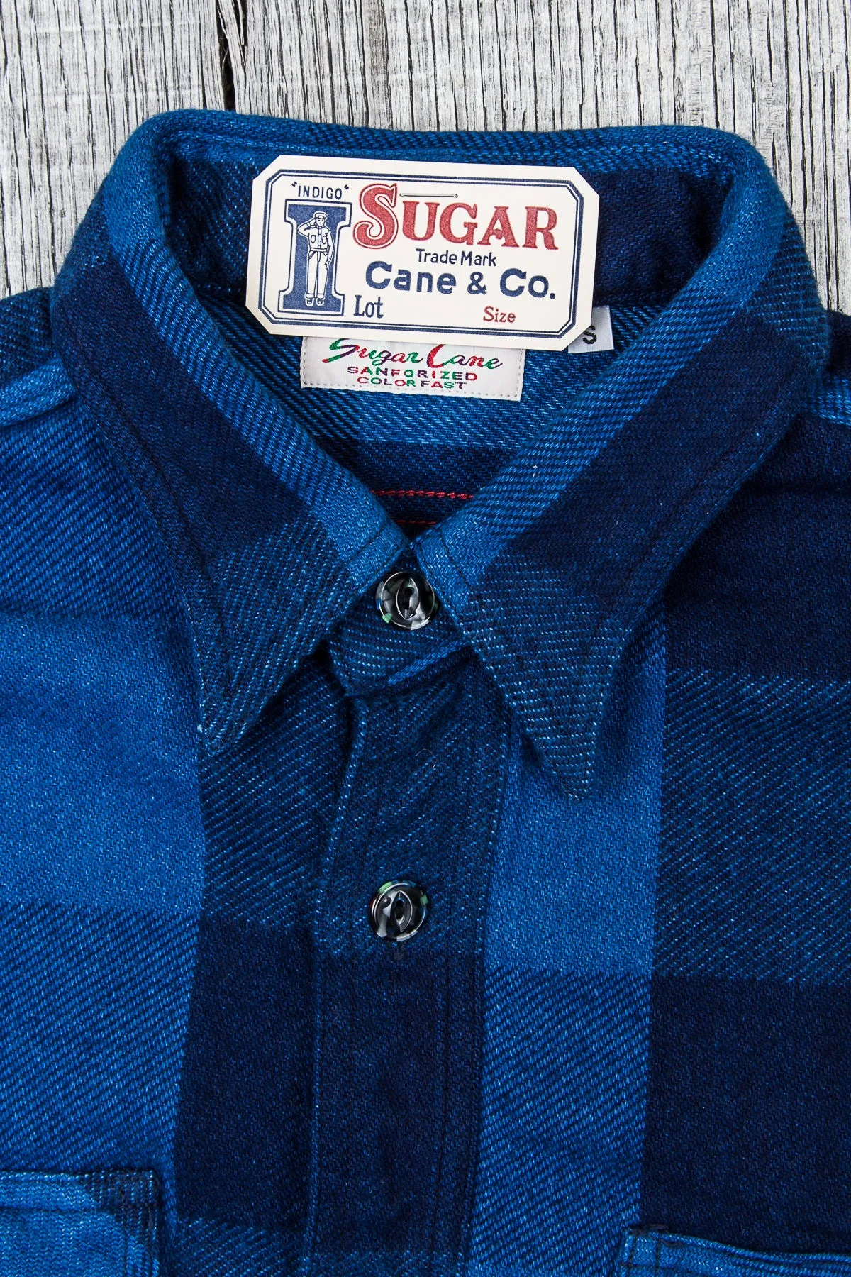 Sugar Cane & Co Fiction Romance Indigo Dyed Buffalo Check Flannel Shirt