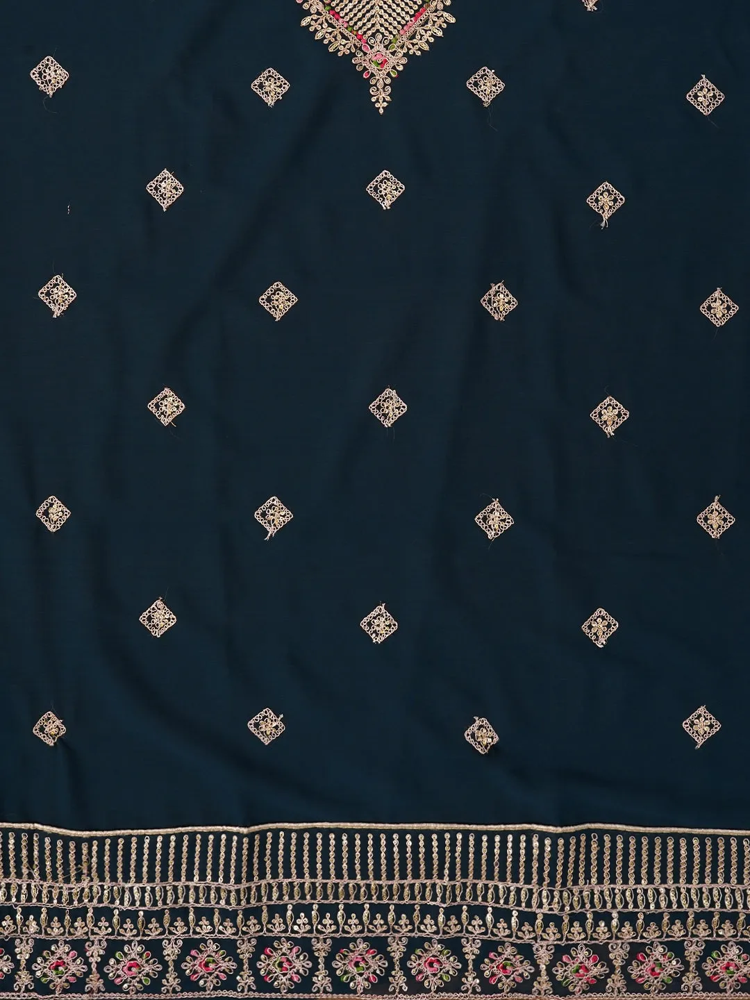 Teal Zari Silk Georgette Dress Material with Dupatta