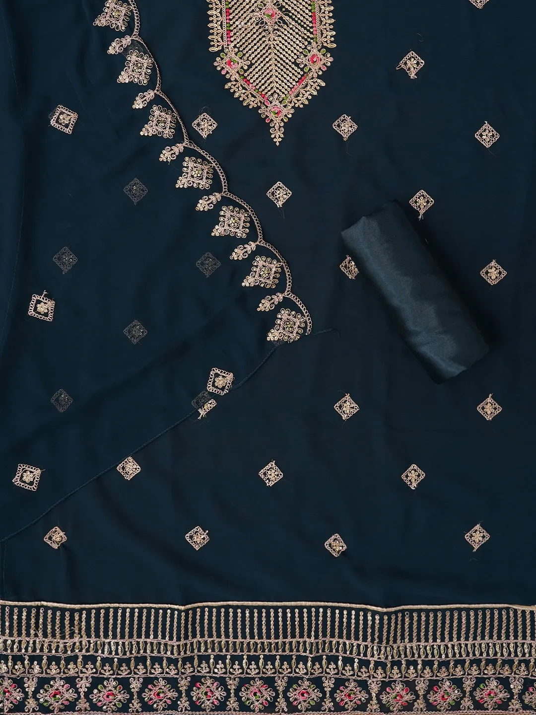 Teal Zari Silk Georgette Dress Material with Dupatta