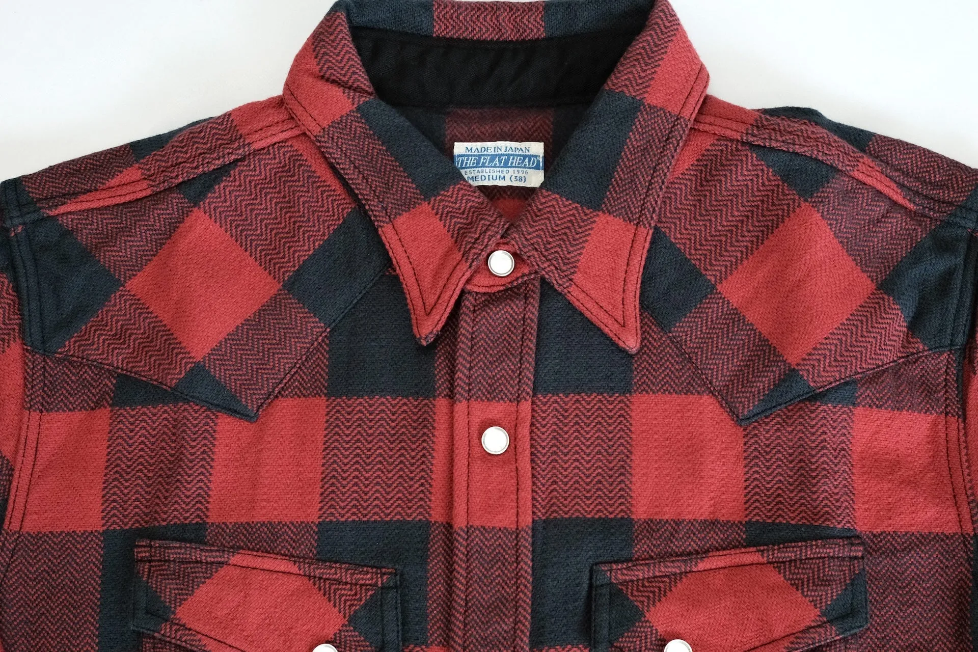The Flat Head 12oz Selvage Flannel Western Shirt (Black X Red)