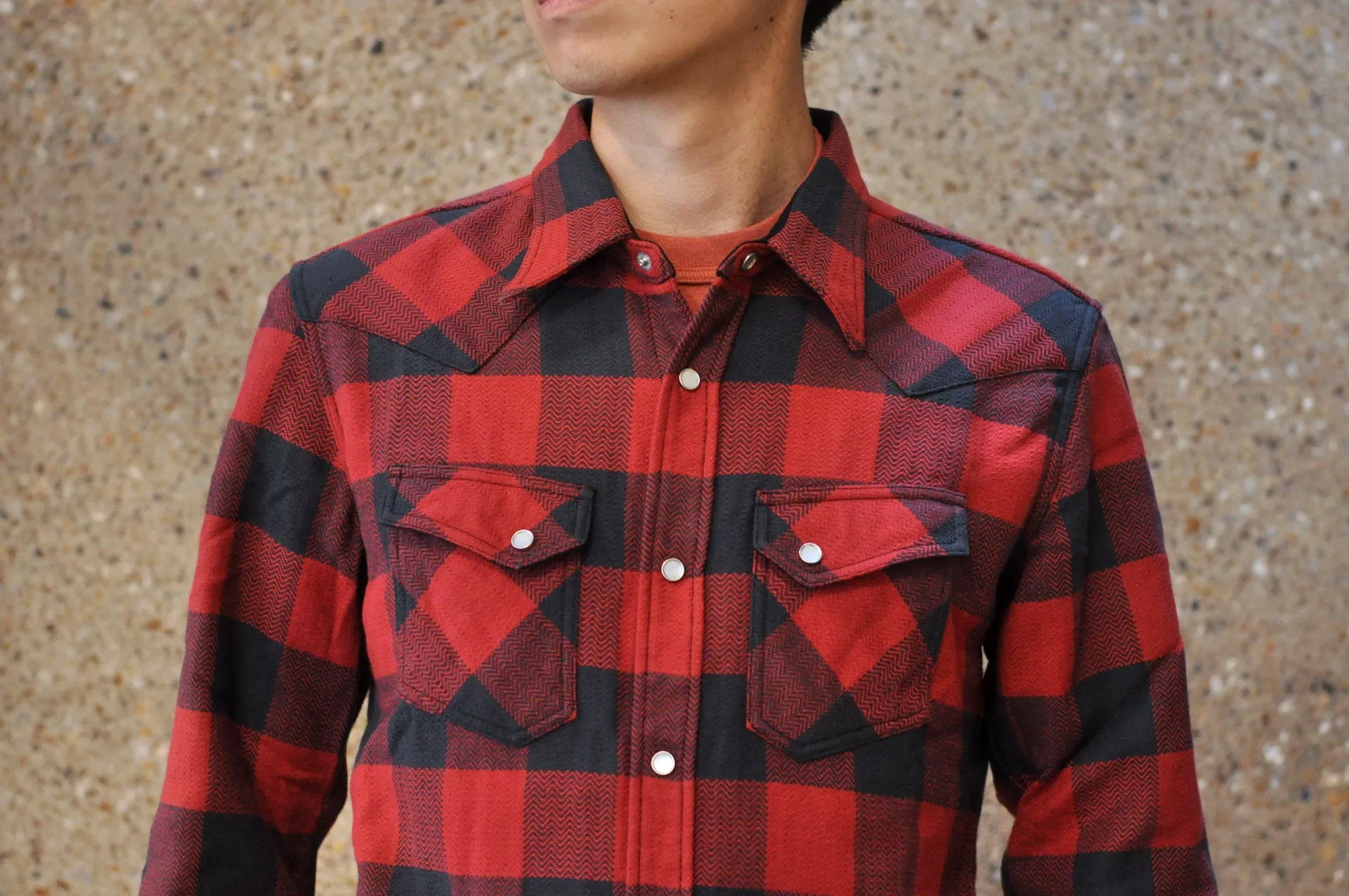 The Flat Head 12oz Selvage Flannel Western Shirt (Black X Red)