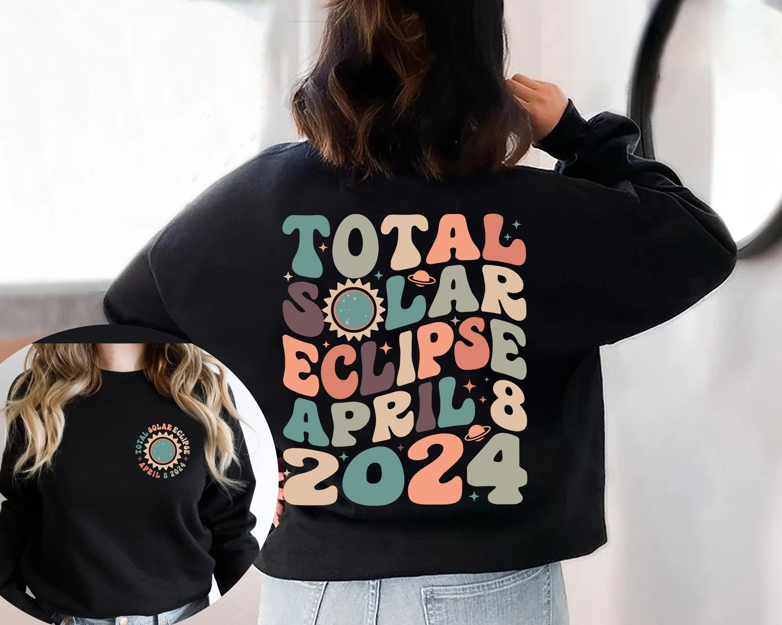 Total Solar Eclipse 2024 Sweatshirt, Double-Sided Crewneck, April 8th 2024 Shirt, Celestial Shirt, Gift for Eclipse Lover, Eclipse Event 2024 Shirt