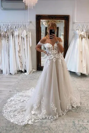 Tulle A-line Off-the-Shoulder Wedding Dresses With Lace Appliques, MW912