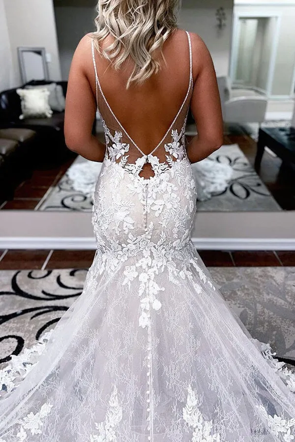 Tulle A-line Spaghetti Straps Mermaid Wedding Dress With Lace Appliques, MW660