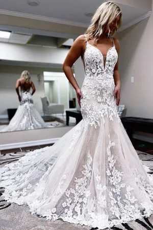 Tulle A-line Spaghetti Straps Mermaid Wedding Dress With Lace Appliques, MW660