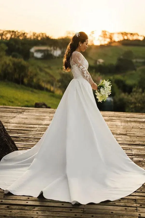 Tulle Lace Long Sleeves Rustic Wedding Dresses With Detachable Satin, MW860
